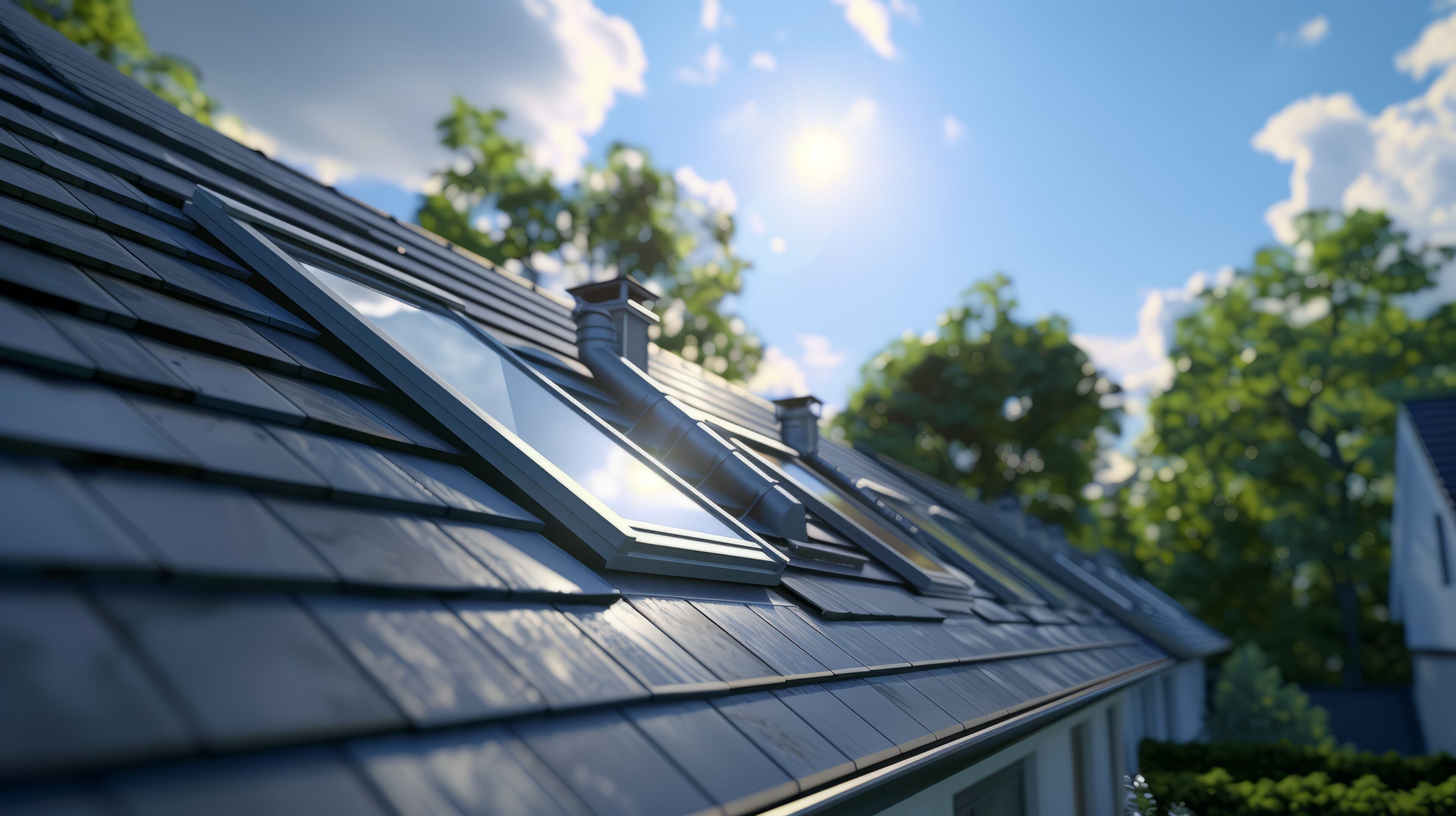 Skylight on Weathered Shingle Roof with Vent Pipes in Daylight