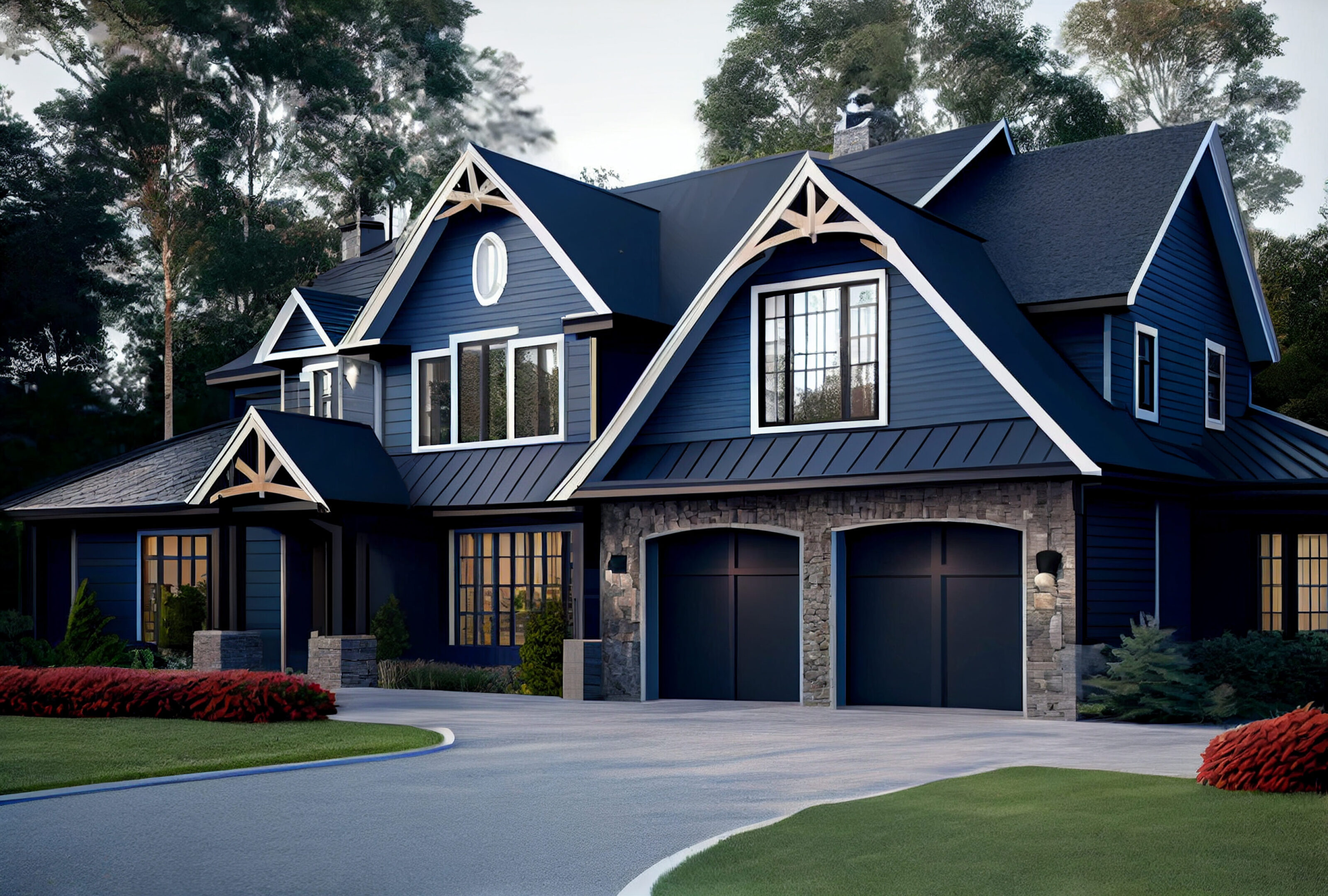 Luxurious new construction home, modern style home two car garage, blue siding natural stone wall, generative ai