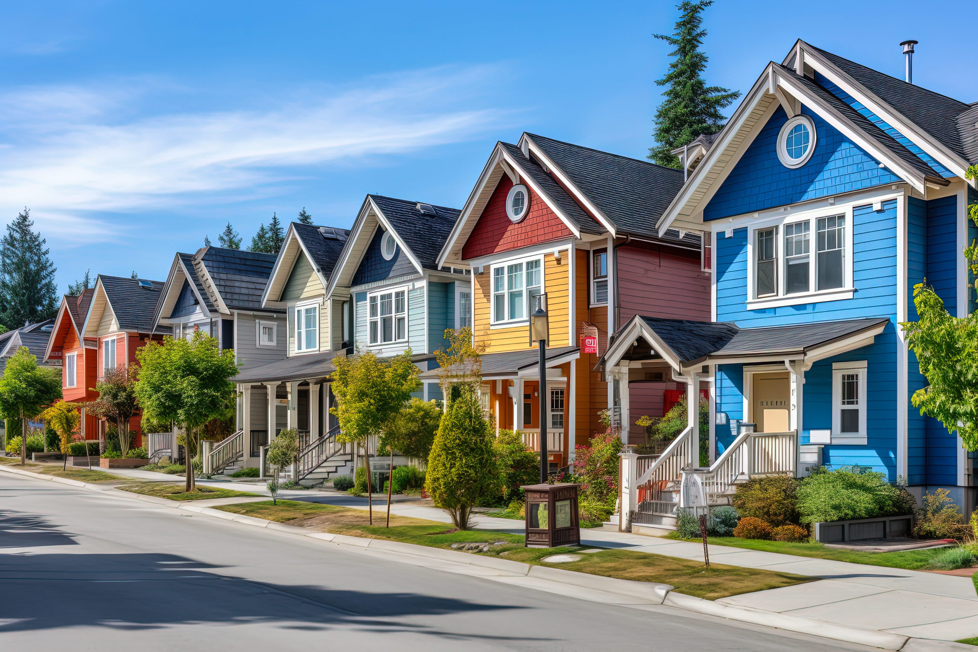 Row of colorful cottages. Street of residential houses