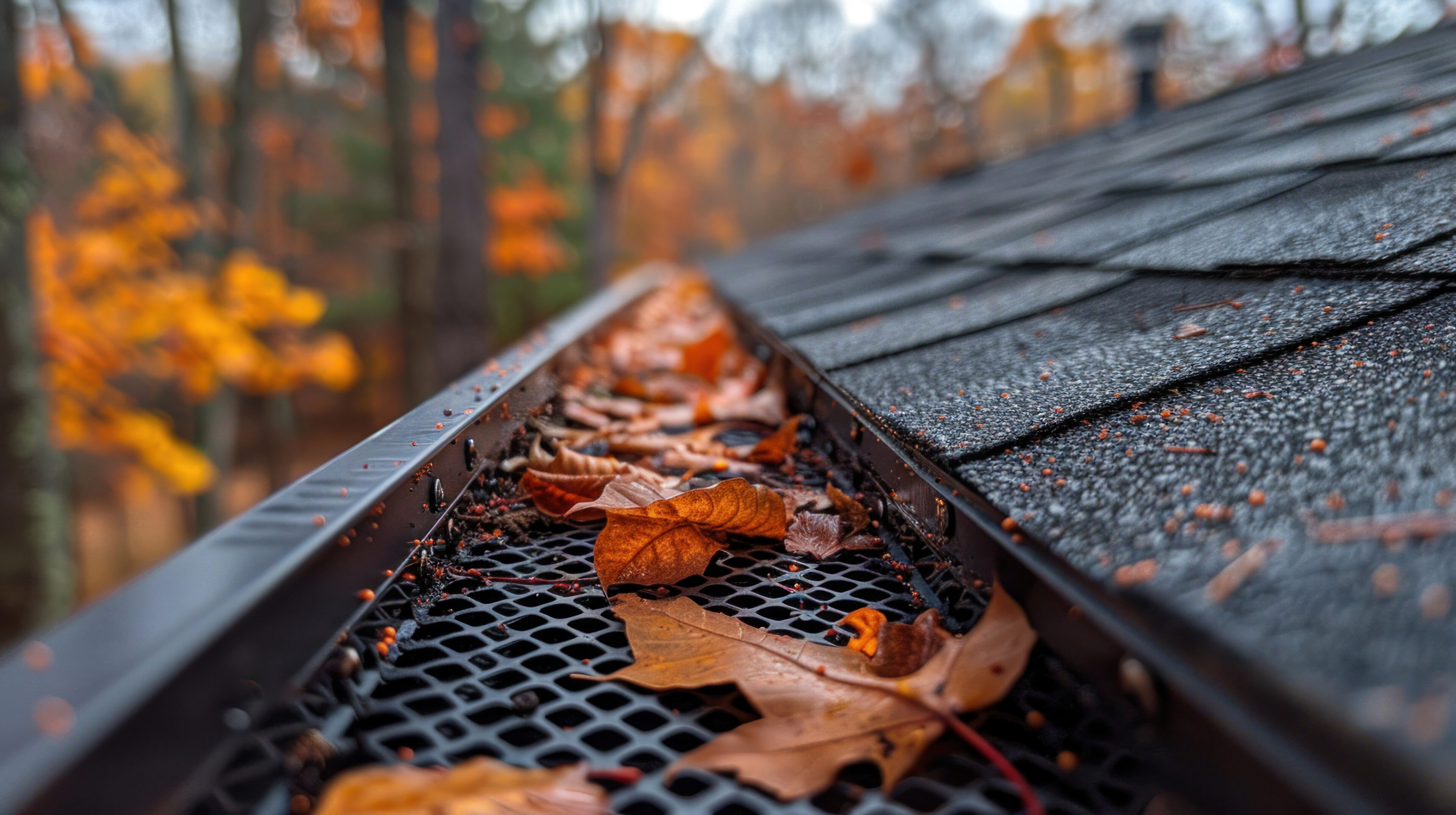 The roof gutter became clogged with leaves and debris, causing damage to the plastic leaf screen and gutter guard. Clogged roof gutters, copy space